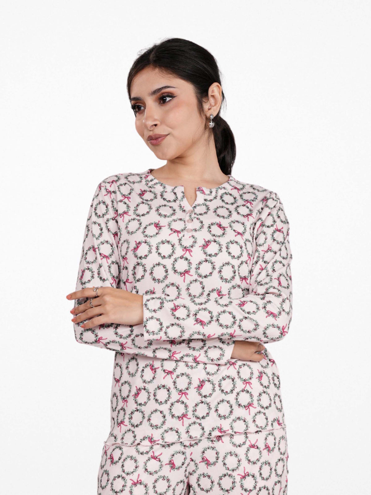 Women's Henley Long Sleeve Printed Top – Soft &amp; Stretchy Rib Knit Casual T-Shirt