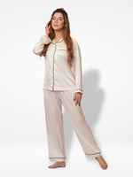 Satin Pajama Set for Women - Contrast Piping, Notch Collar, Button Down, Long Sleeve & Long Pant