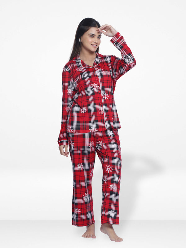 Women Sleepwear Long Sleeve Pyjama Set Red Check