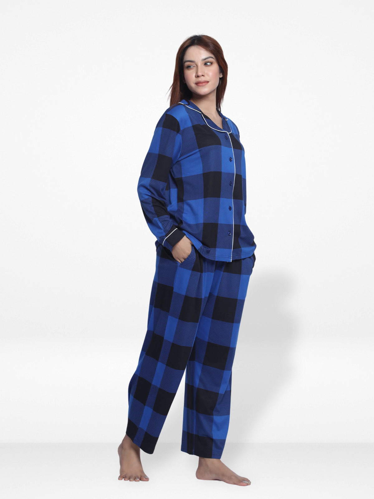 Women Sleepwear Long Sleeve Pyjama Set Blue Check
