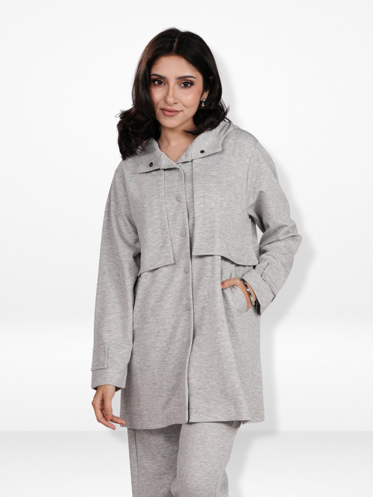 Women’s Soft Pastel Longline Hooded Jacket –Casual Outerwear with Snap Button Closure & Side Pockets