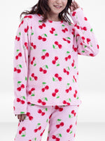Women’s Cherry Printed Pyjama Set – Long Sleeve Top & Pants, Soft Comfortable Sleepwear, Cozy Winter Loungewear for Women