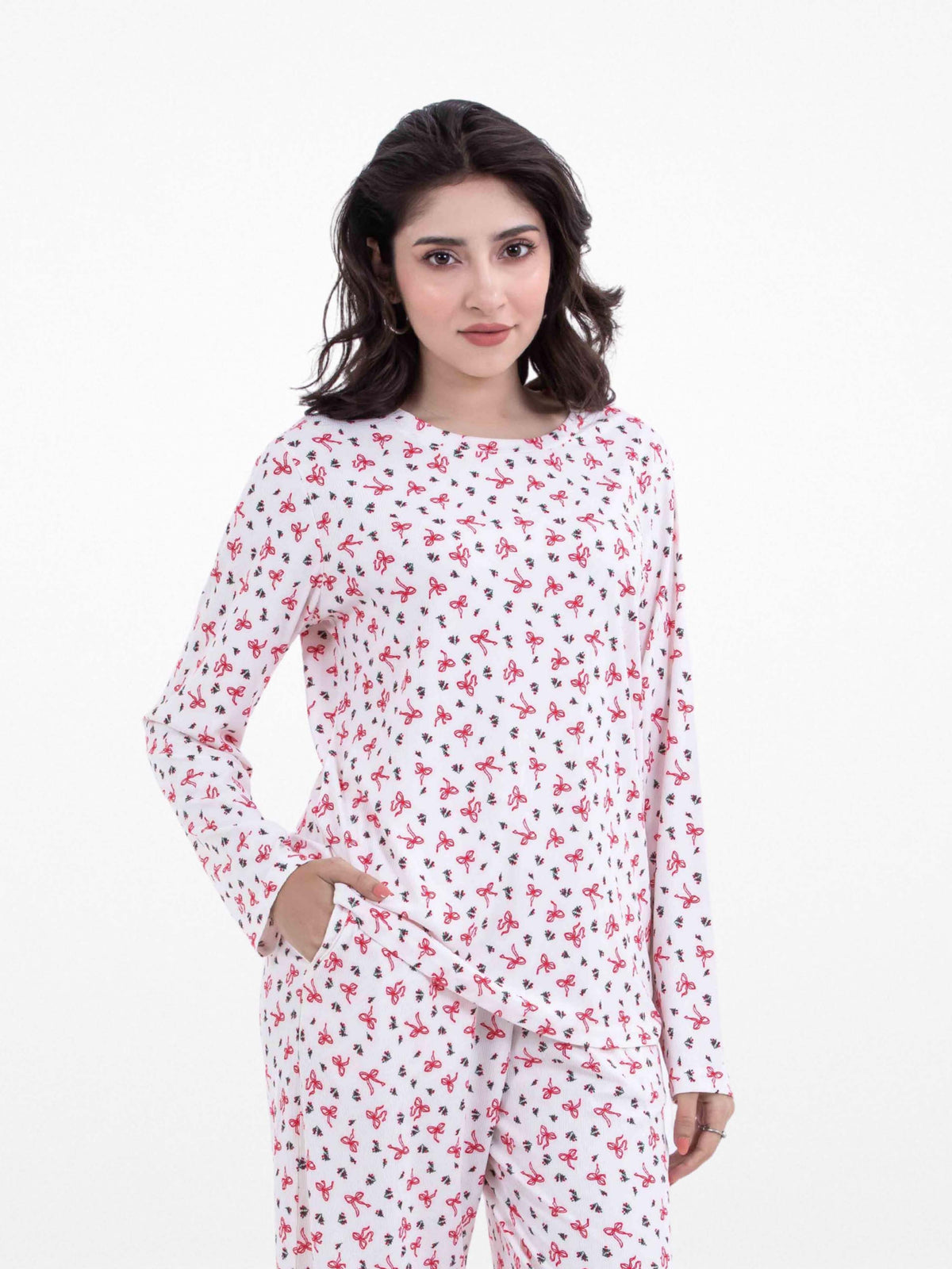 Women’s Long-Sleeve Crew Neck Pajama Top | All-Over Print Sleepwear Shirt | Soft & Stretchy Yummy Rib Fabric | Lounge Top - Egret