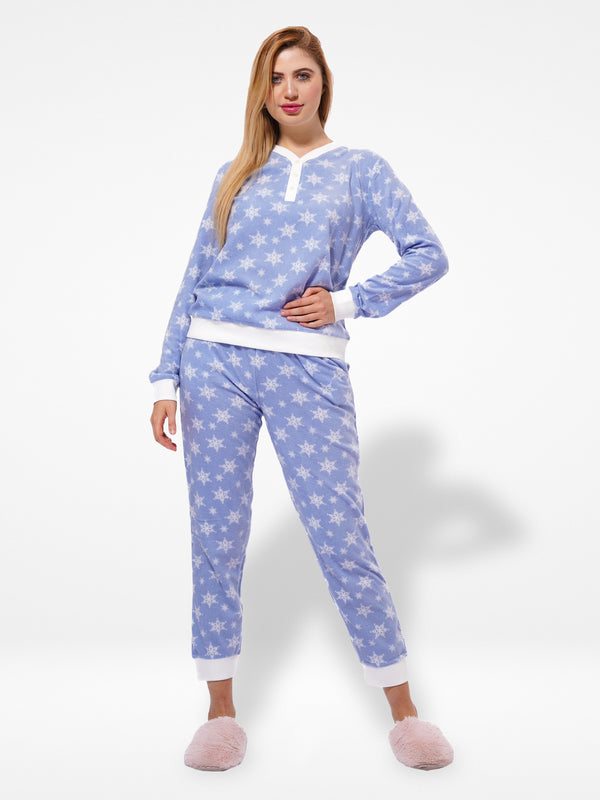 Micro Polar Fleece Blue Star Print Women Sleepwear Long Sleeve Pyjama Set