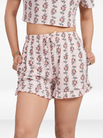 Womens All Over Printed Frill Height Style Bottom Shorts for Trendy Casual Wear - Blushing Bride Rose
