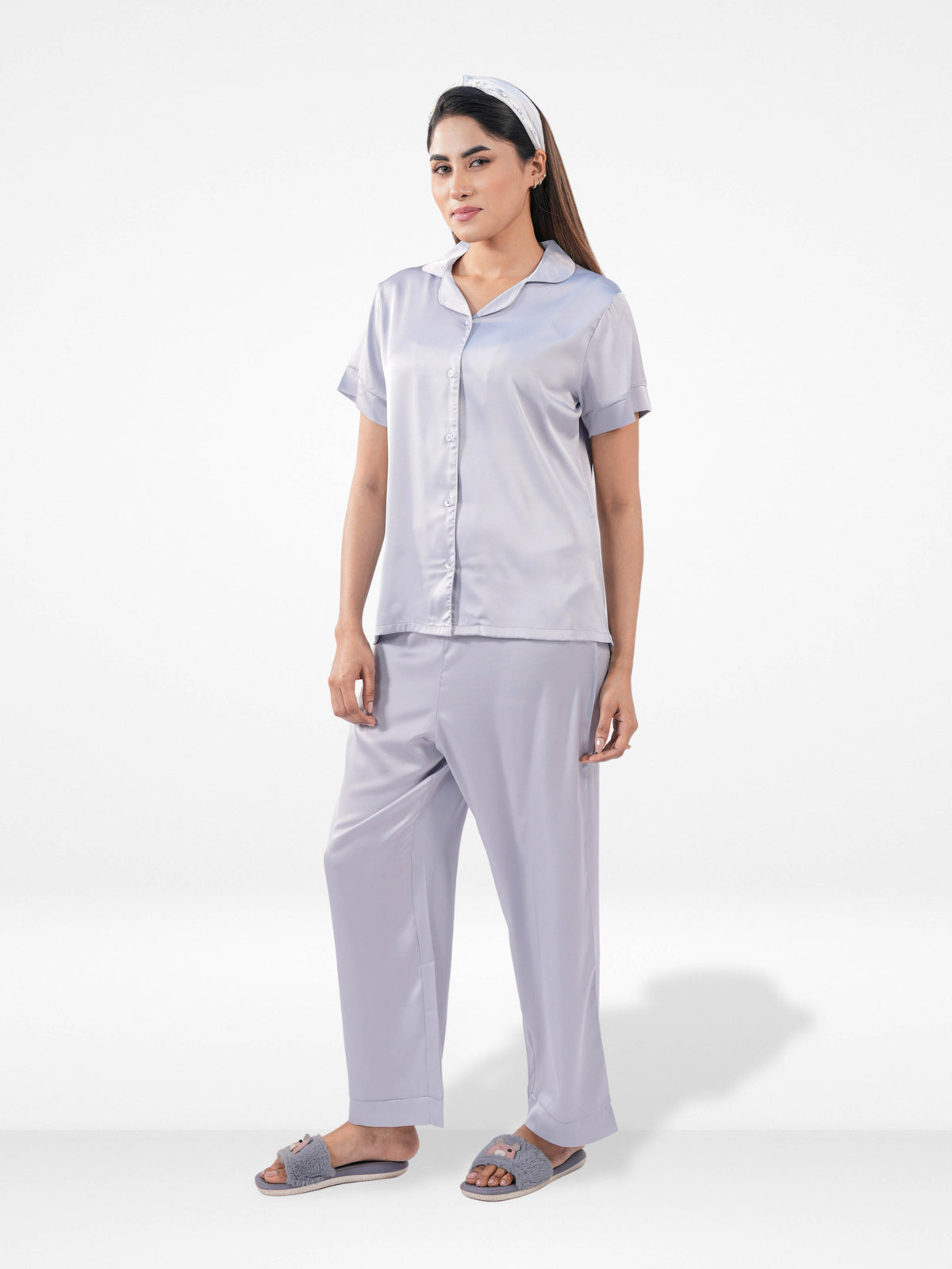Satin Pajama Set for Women - Button Down, Short Sleeve Long Pant