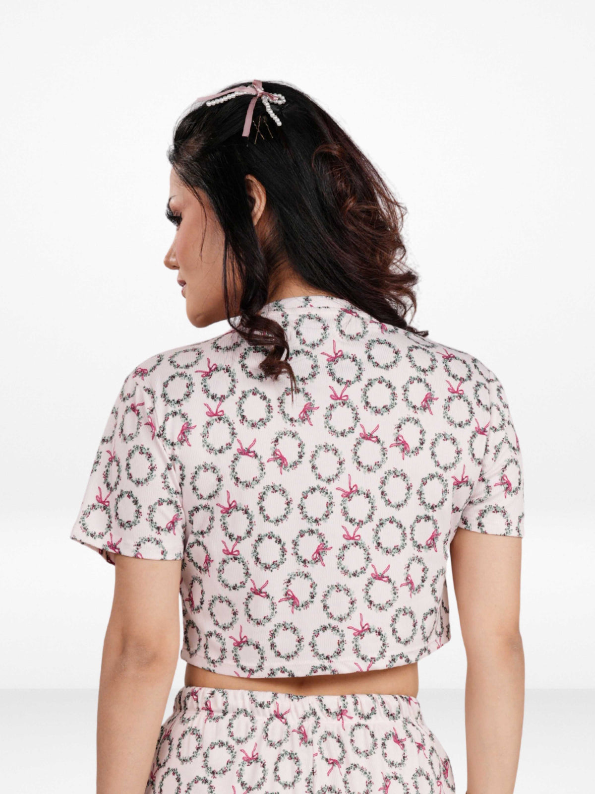 Womens All Over Printed Crop Top and Long Bottom Set Crew Neck Half Sleeve Tee & Matching Bottom | Trendy Casual Two-Piece Wear - Blushing Bride