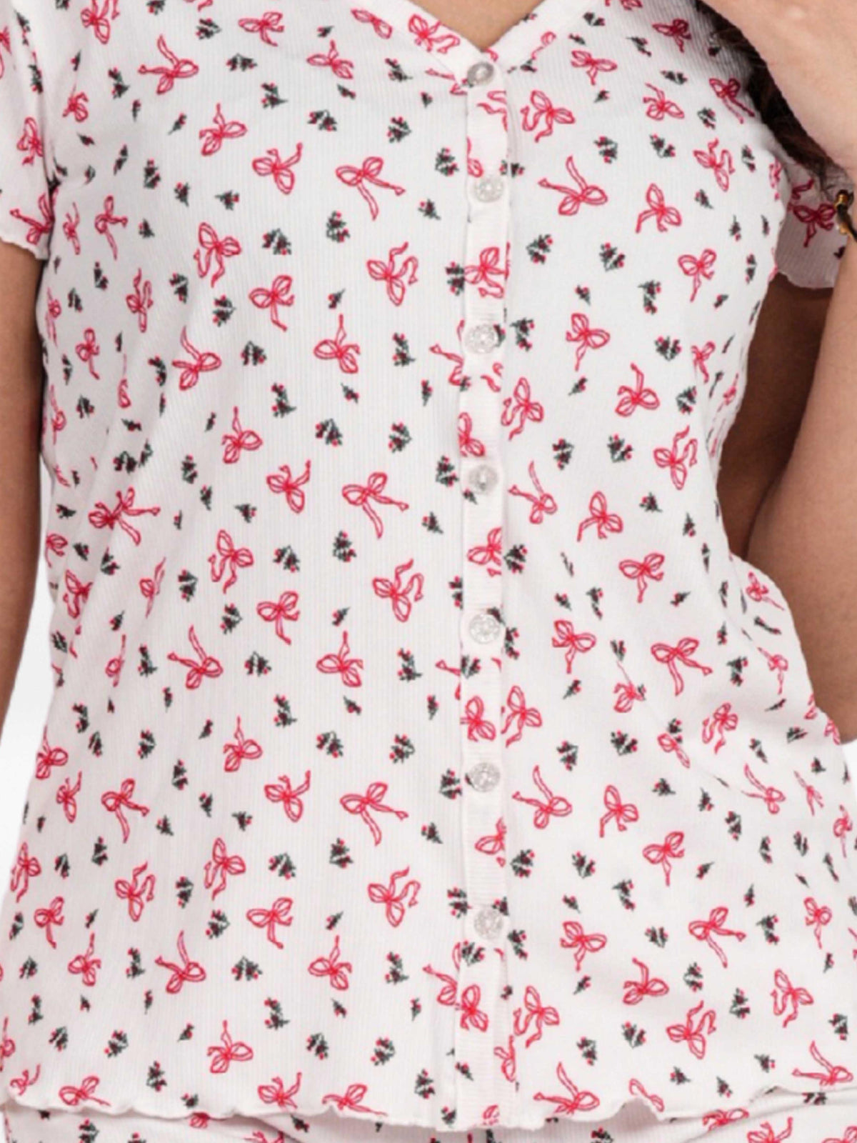 Women’s Short Sleeve Button-Down Top | Printed Sleepwear Shirt | Soft & Stretchy Yummy Rib Fabric | Lounge Top - Egret