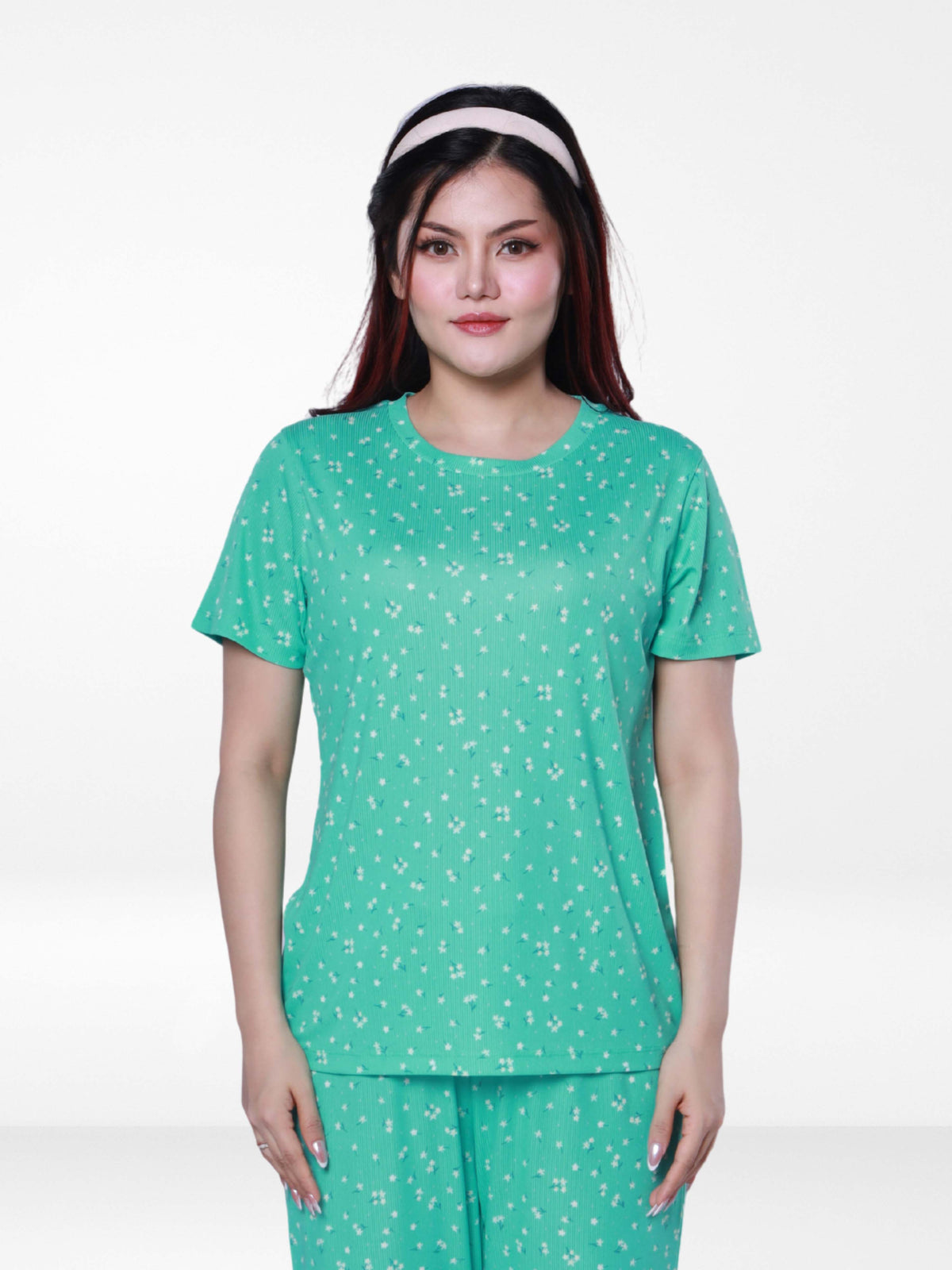 Women’s All Over Printed Short Sleeve Lounge Top | Soft Stretch Yummy Rib Fabric | Crew Neck Casual Sleepwear & Loungewear Top - F.Florida