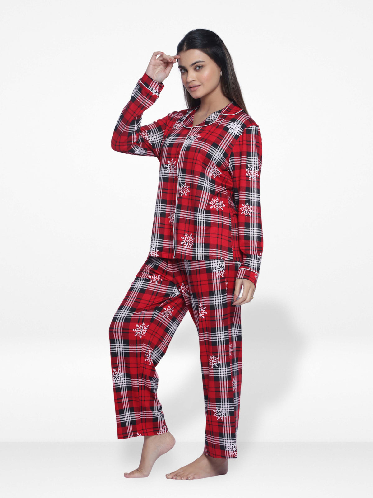 Women Sleepwear Long Sleeve Pyjama Set Red Check