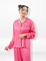 Satin Pajama Set for Women - Contrast Piping, Notch Collar, Button Down, Long Sleeve Long Pant