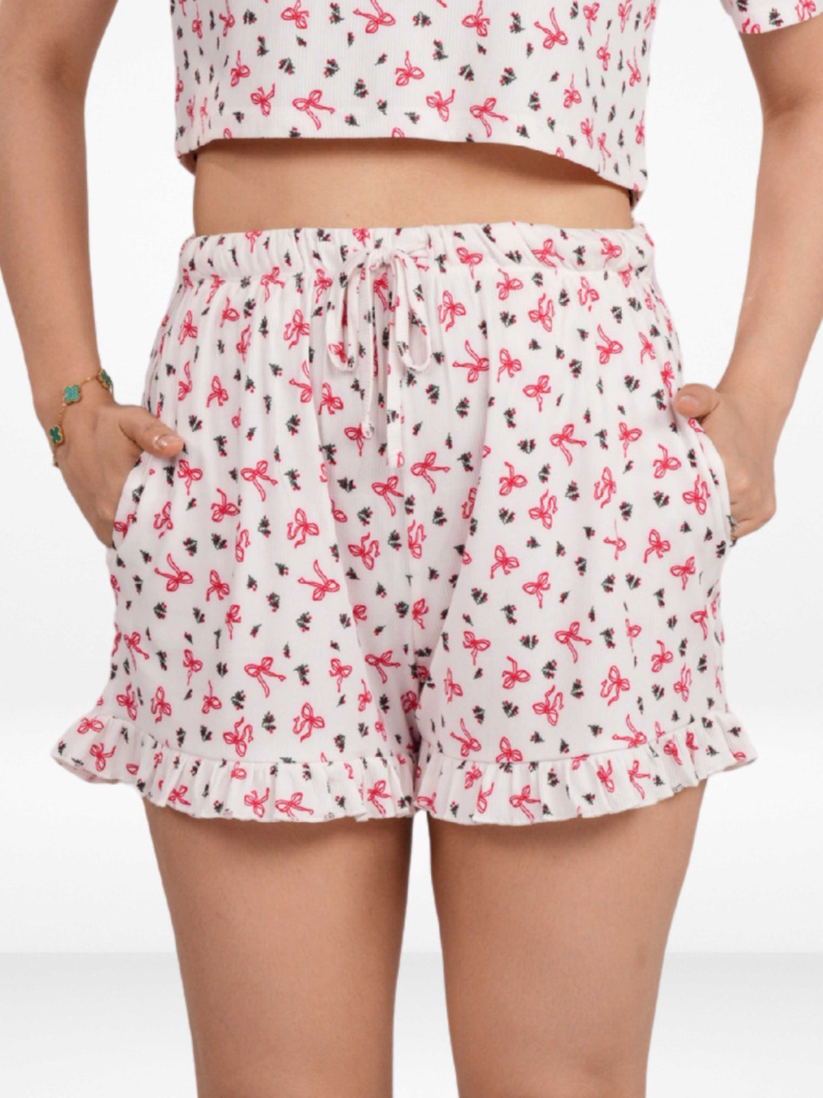 Womens All Over Printed Frill Height Style Bottom Shorts for Trendy Casual Wear - Egret