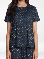 Women’s All Over Printed Short Sleeve Lounge Top | Soft Stretch Yummy Rib Fabric | Crew Neck Casual Sleepwear & Loungewear Top - Navy