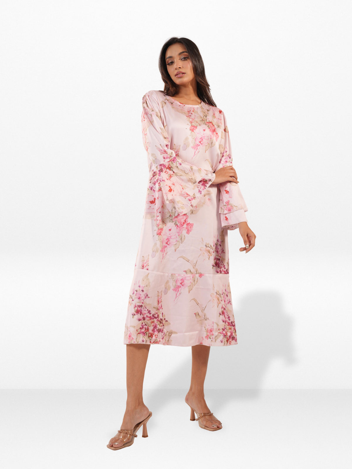 Women's Puff Sleeve Floral Satin Midi Dress