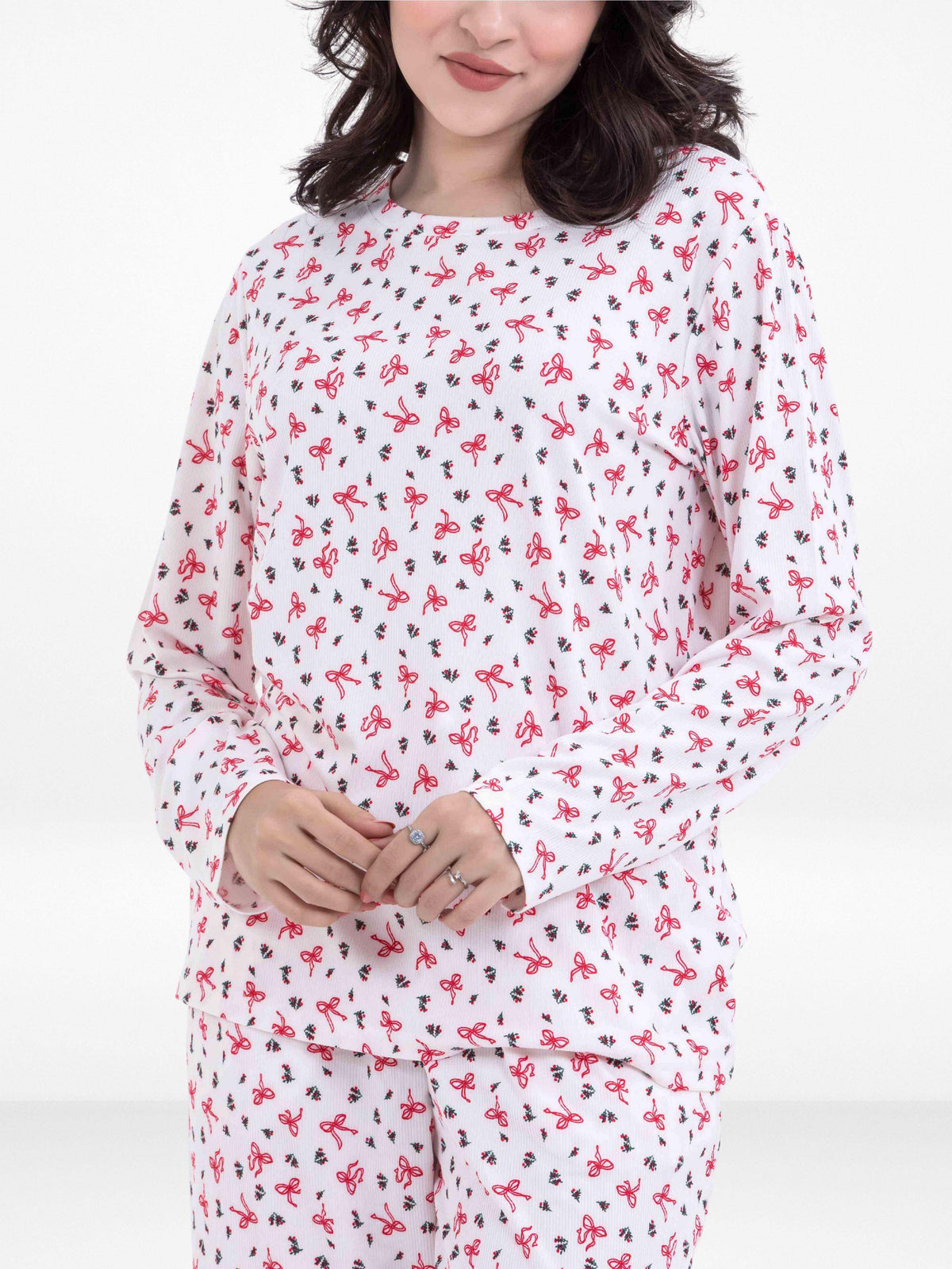 Women’s Long-Sleeve Crew Neck Pajama Top | All-Over Print Sleepwear Shirt | Soft & Stretchy Yummy Rib Fabric | Lounge Top - Egret