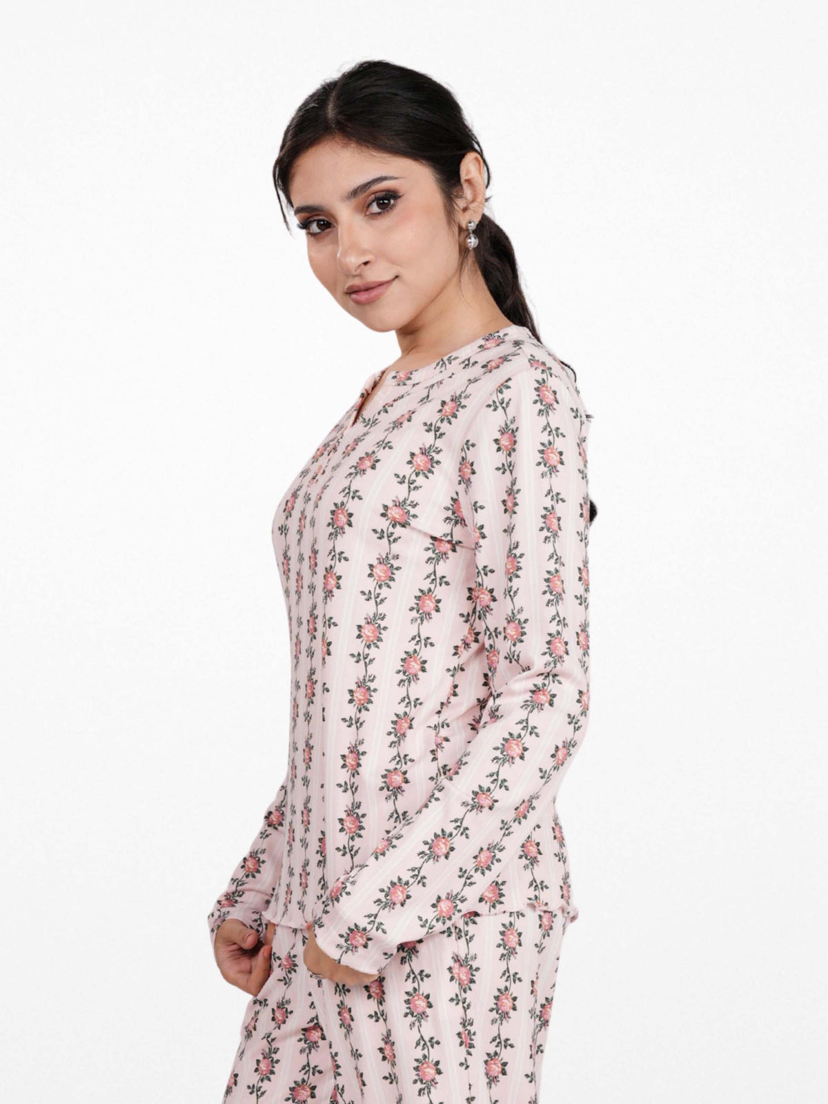 Women's Henley Long Sleeve Printed Top – Soft &amp; Stretchy Rib Knit Casual T-Shirt