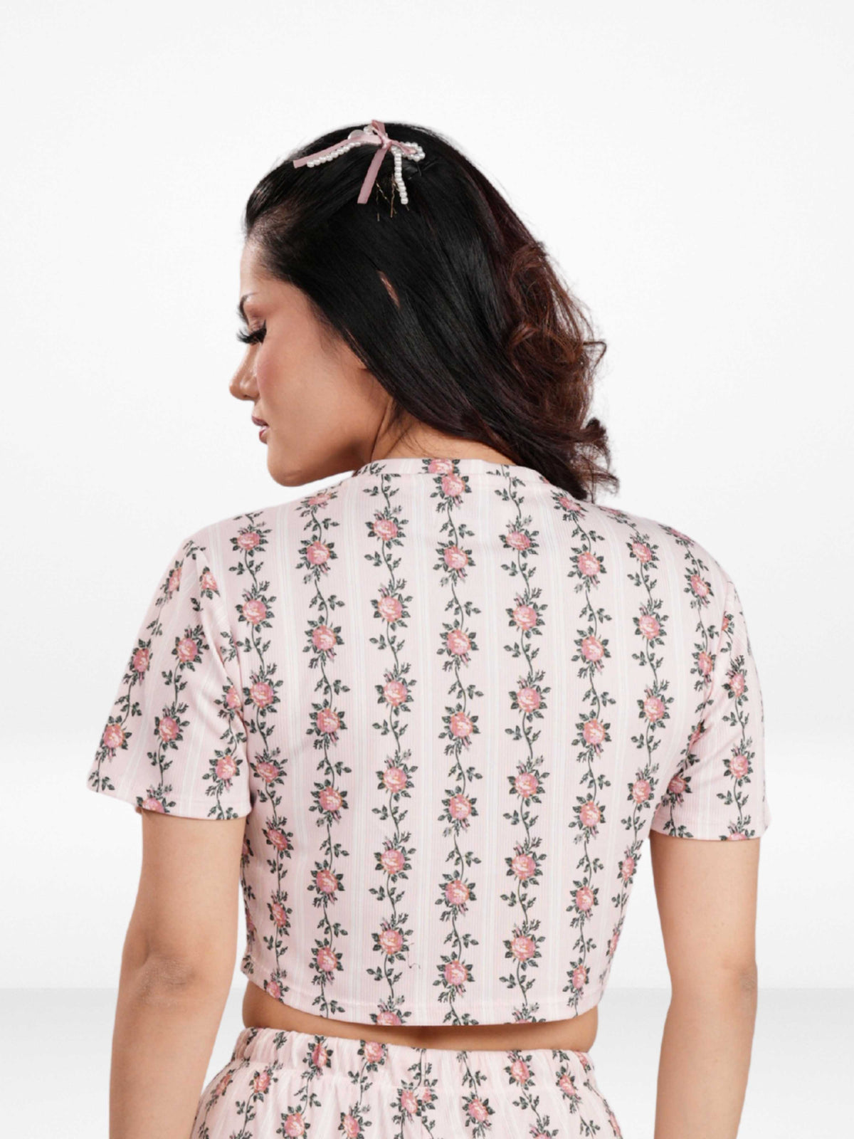 Womens All Over Printed Crop Top and Long Bottom Set Crew Neck Half Sleeve Tee & Matching Bottom | Trendy Casual Two-Piece Wear - Blushing Bride Rose