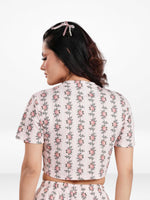 Womens All Over Printed Crop Top and Long Bottom Set Crew Neck Half Sleeve Tee & Matching Bottom | Trendy Casual Two-Piece Wear - Blushing Bride Rose