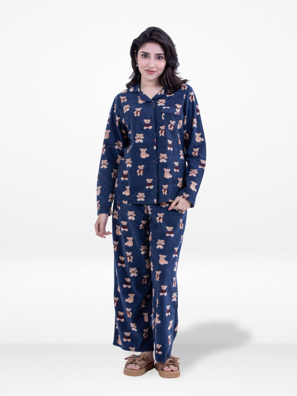 Women’s Teddy Bear Printed Pyjama Set – Micro Polar Fleece Long Sleeve Sleepwear Notch-Collar, Soft & Cozy 2-Piece Winter Nightwear