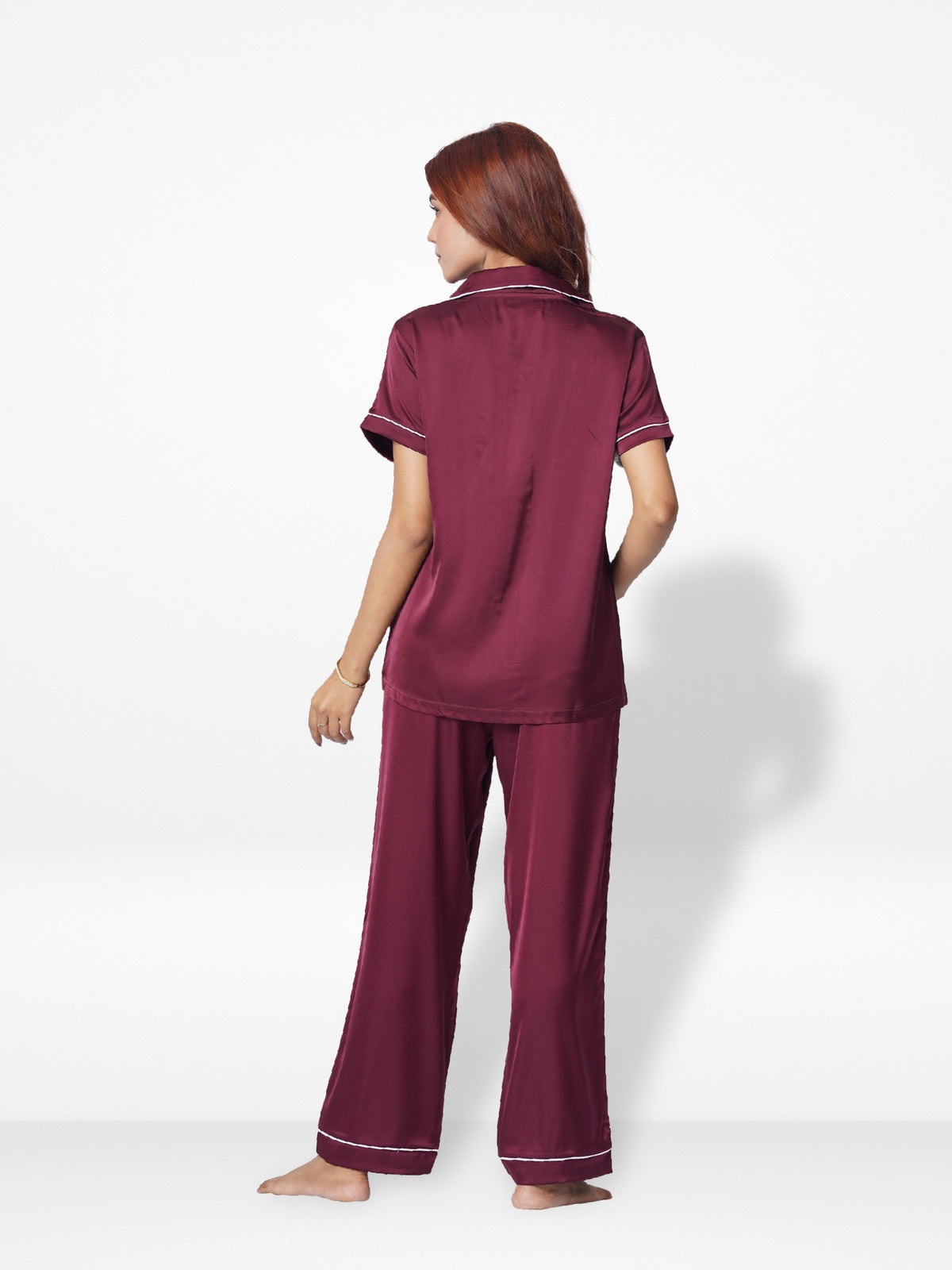 3pcs Women Satin Pajama Set. Contrast Piping, Notch Collar & Button Down.