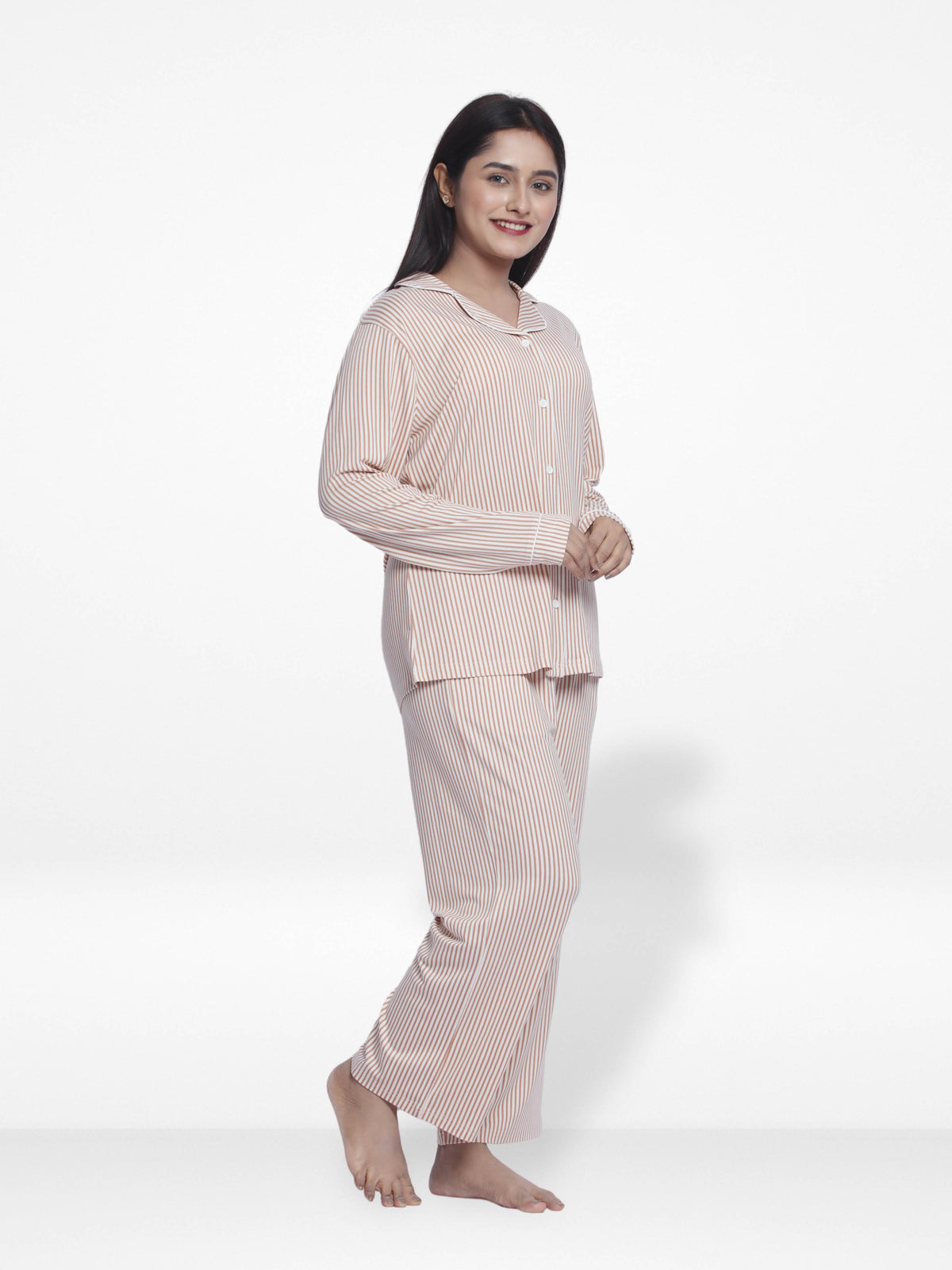 Women Coral Pink Check Sleepwear Long Sleeve Pyjama Set