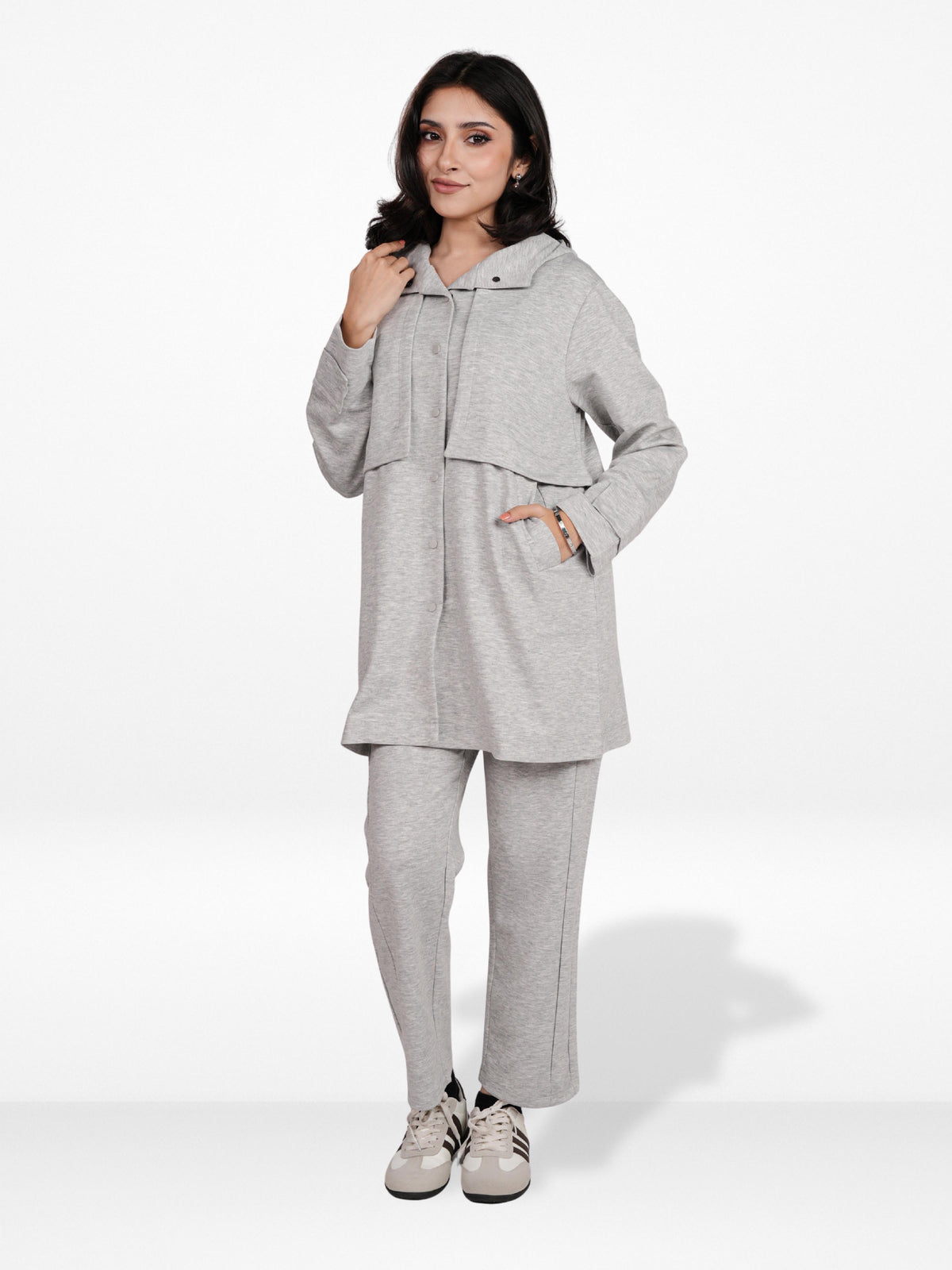 Women’s Soft Pastel Longline Hooded Jacket –Casual Outerwear with Snap Button Closure & Side Pockets