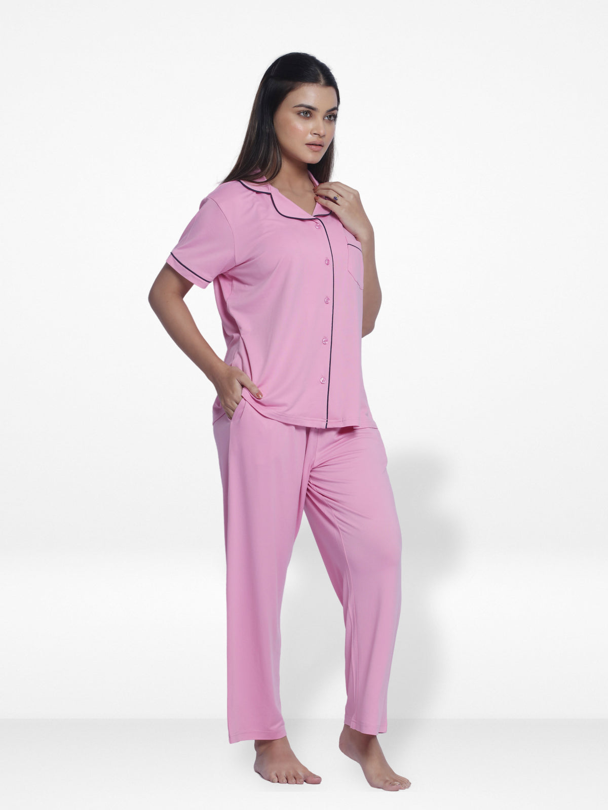 Women Solid Sleepwear Short Sleeve Pyjama Set