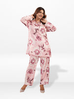 Women's Co-Ord Set – Pink Satin Floral Printed 2-Piece Matching Outfit