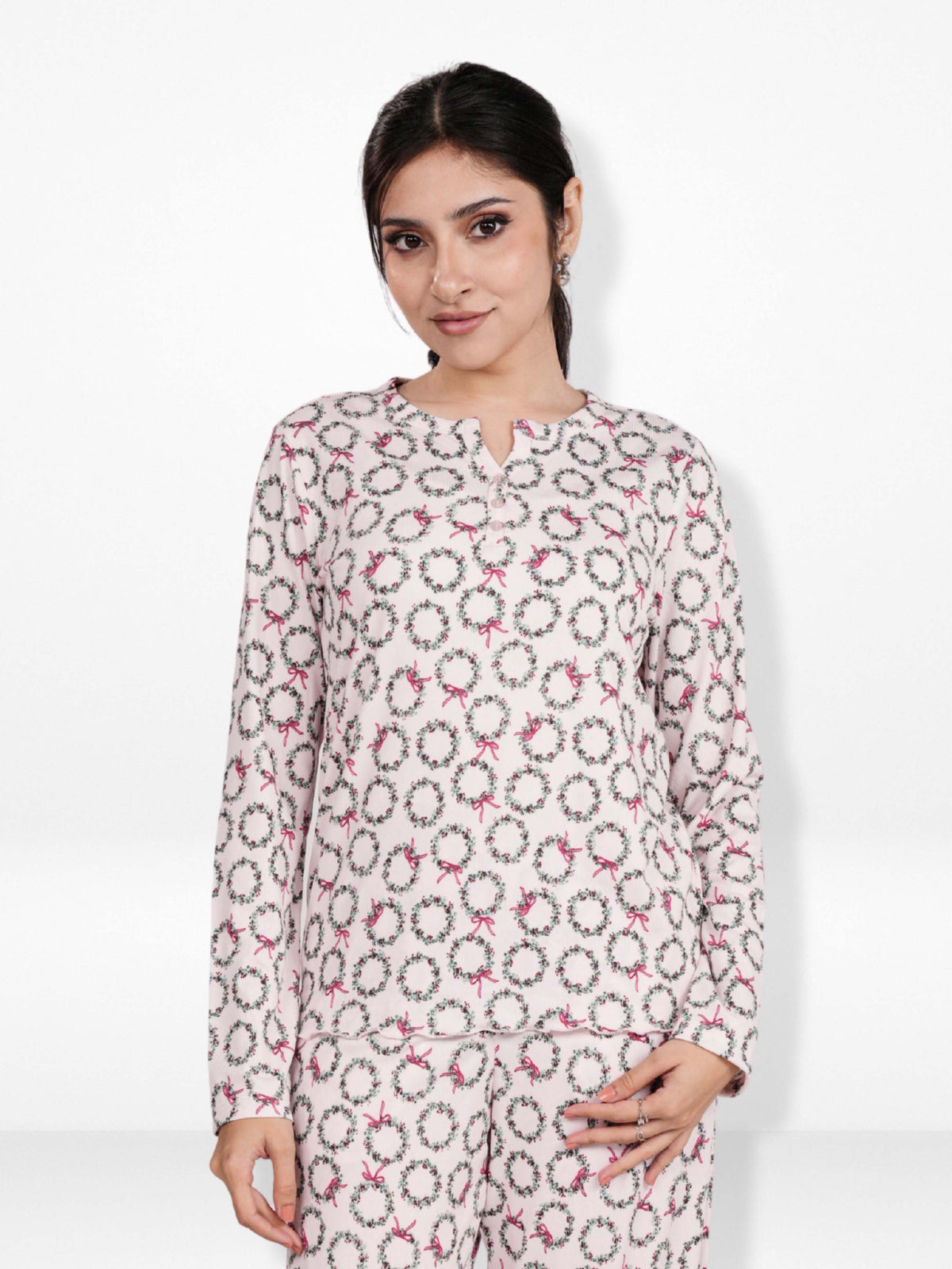 Women's Henley Long Sleeve Printed Top – Soft &amp; Stretchy Rib Knit Casual T-Shirt