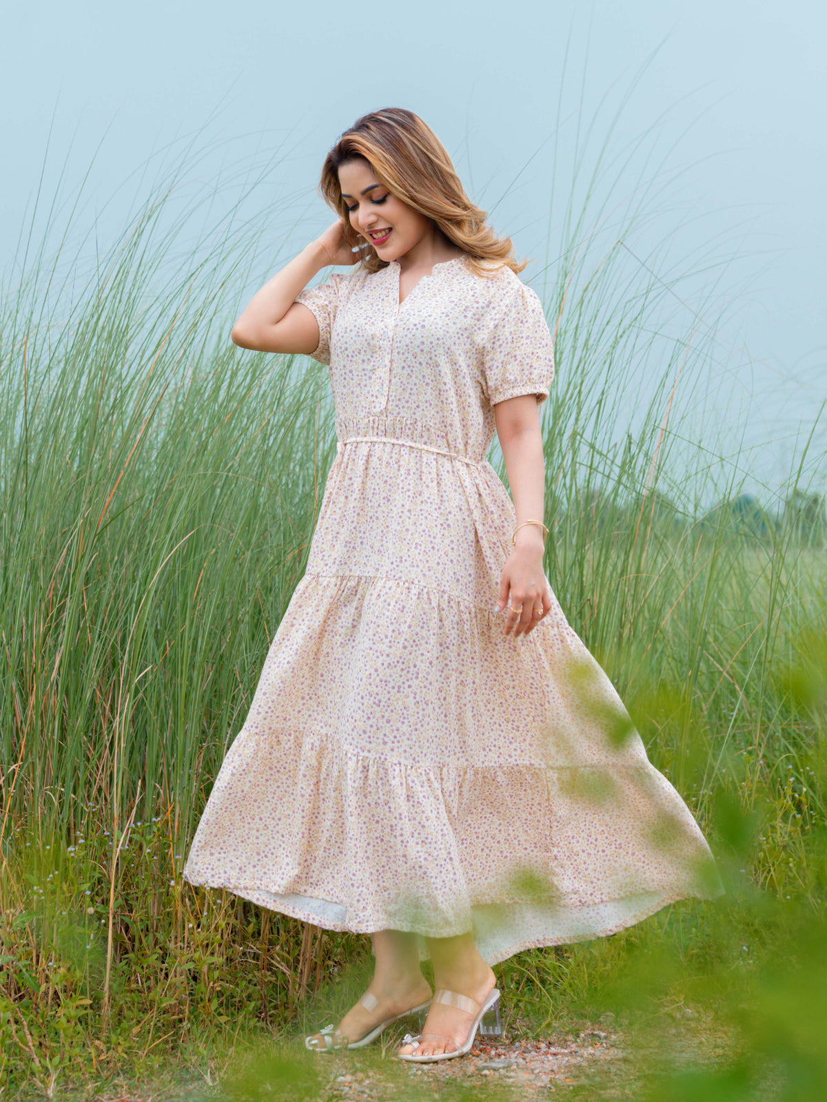 Women’s Floral Printed Short Puff Sleeve Long Dress | Casual Outfit for Party, Vacation & Weekend Wear