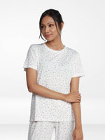 Women’s All Over Printed Short Sleeve Lounge Top | Soft Stretch Yummy Rib Fabric | Crew Neck Casual Sleepwear & Loungewear Top - White