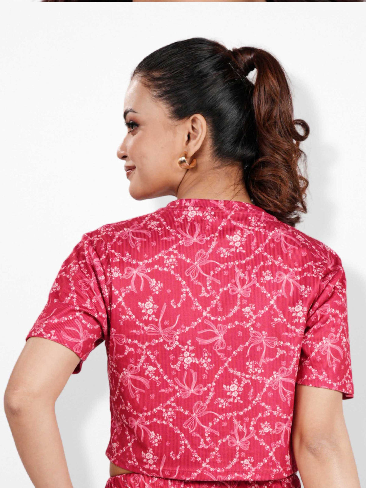 Womens All Over Printed Crop Top Crew Neck Half Sleeve Tee for Trendy Casual Wear - Crimson