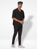 Men's Half-Sleeve Relaxed-Fit Casual Cuban Collar Shirt Black