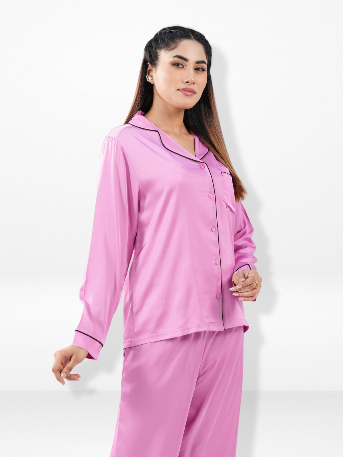 Satin Pajama Set for Women - Contrast Piping, Notch Collar, Button Down, Long Sleeve Long Pant
