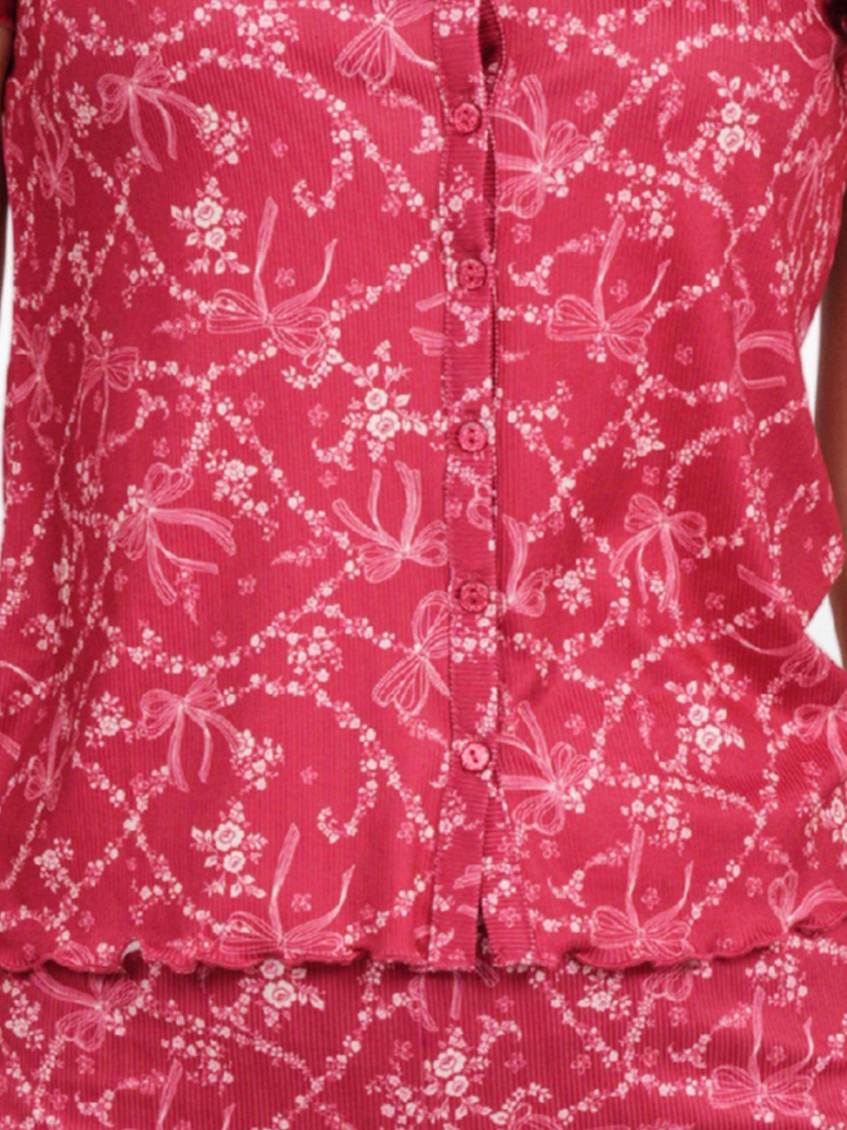 Women’s Short Sleeve Button-Down Top | Printed Sleepwear Shirt | Soft & Stretchy Yummy Rib Fabric | Lounge Top - Crimson