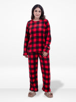 Women’s Red Check Printed Pyjama Set – Long Sleeve Top & Pants, Soft Comfortable Sleepwear, Cozy Winter Loungewear for Women