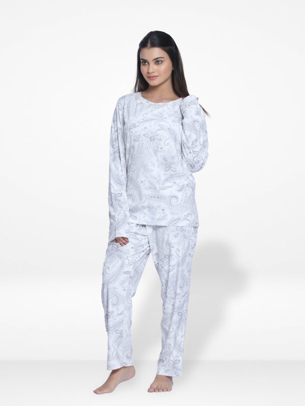 Women Velour Sleepwear Long Sleeve Pyjama Set White