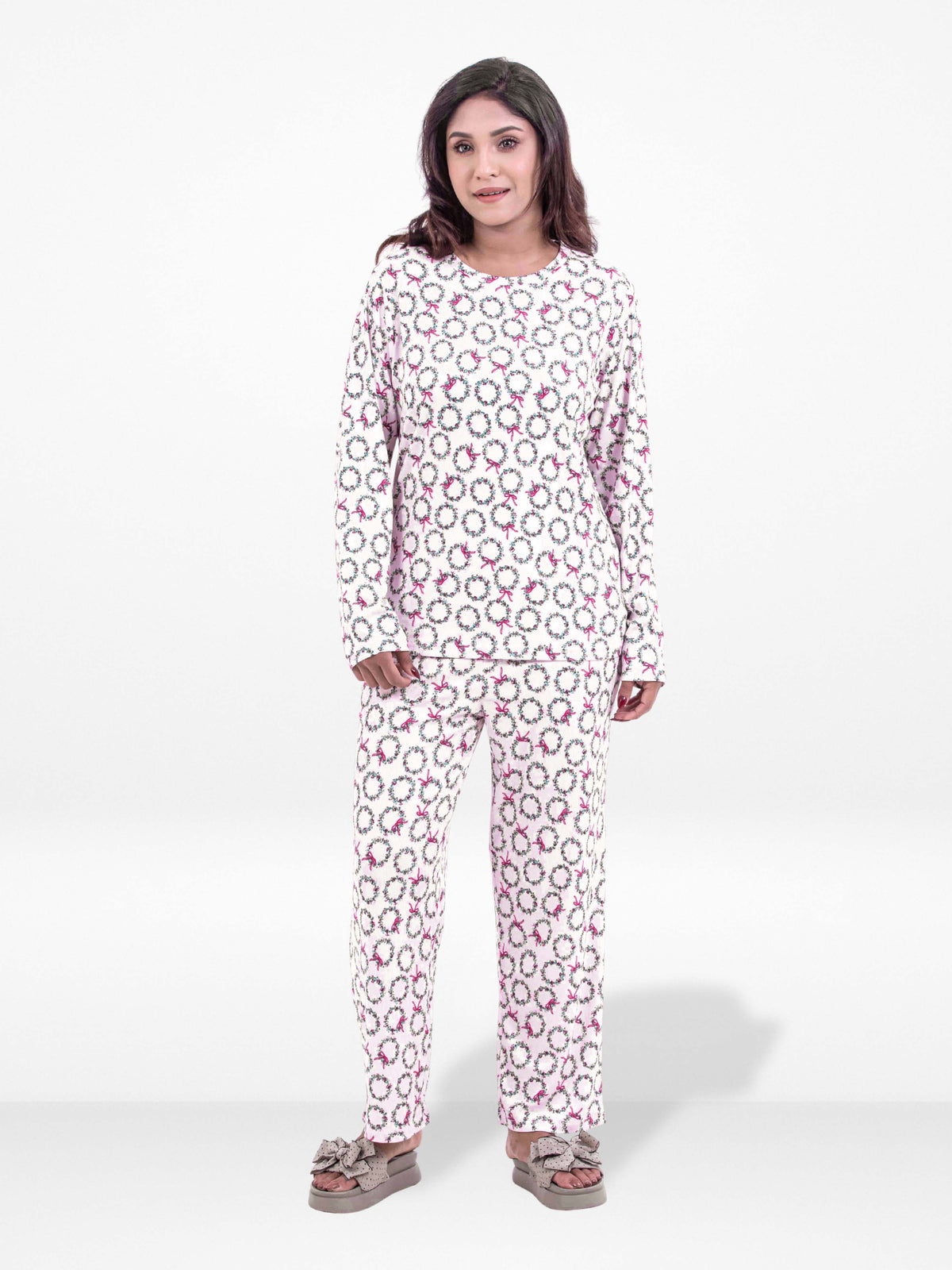 Women’s Crew Neck Collar Sleepwear Set – Long- Sleeve All Over Print Pajama Top &amp; Shorts | Soft, Lightweight &amp; Comfortable Nightwear