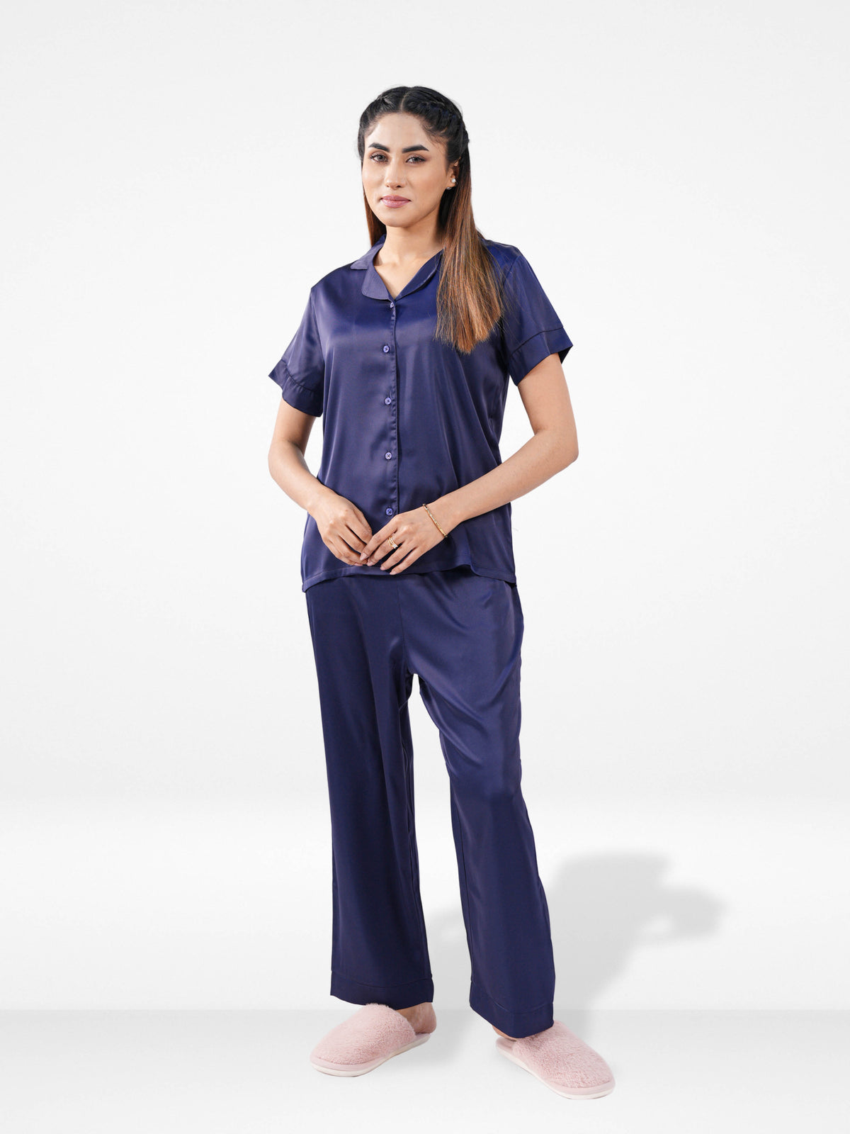 Satin Pajama Set for Women - Button Down, Short Sleeve Long Pant