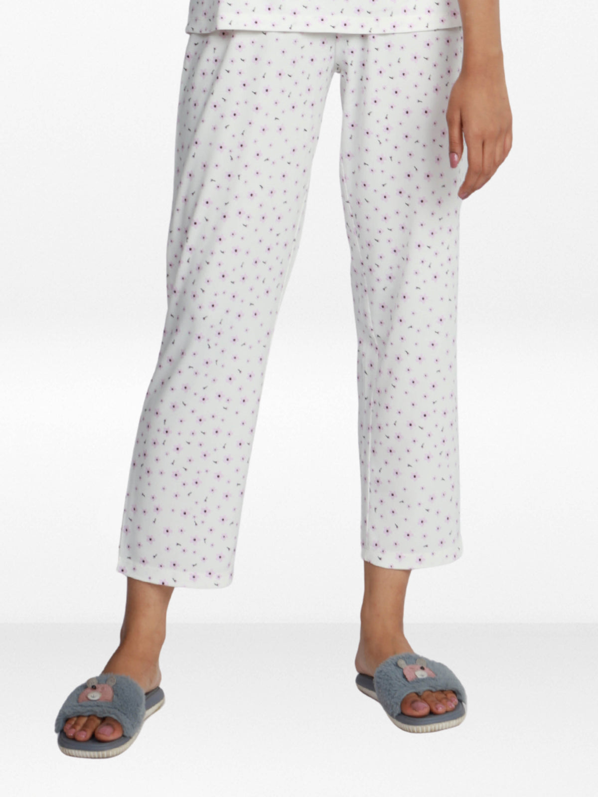 Women’s All Over Printed Lounge Pants | Soft Stretch Yummy Rib Fabric | Drawstring Waist Casual Sleepwear & Pajama Trousers - White