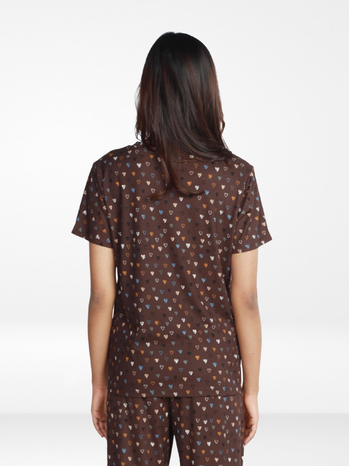 Women’s All Over Printed Short Sleeve Lounge Top | Soft Stretch Yummy Rib Fabric | Crew Neck Casual Sleepwear & Loungewear Top - Coffee
