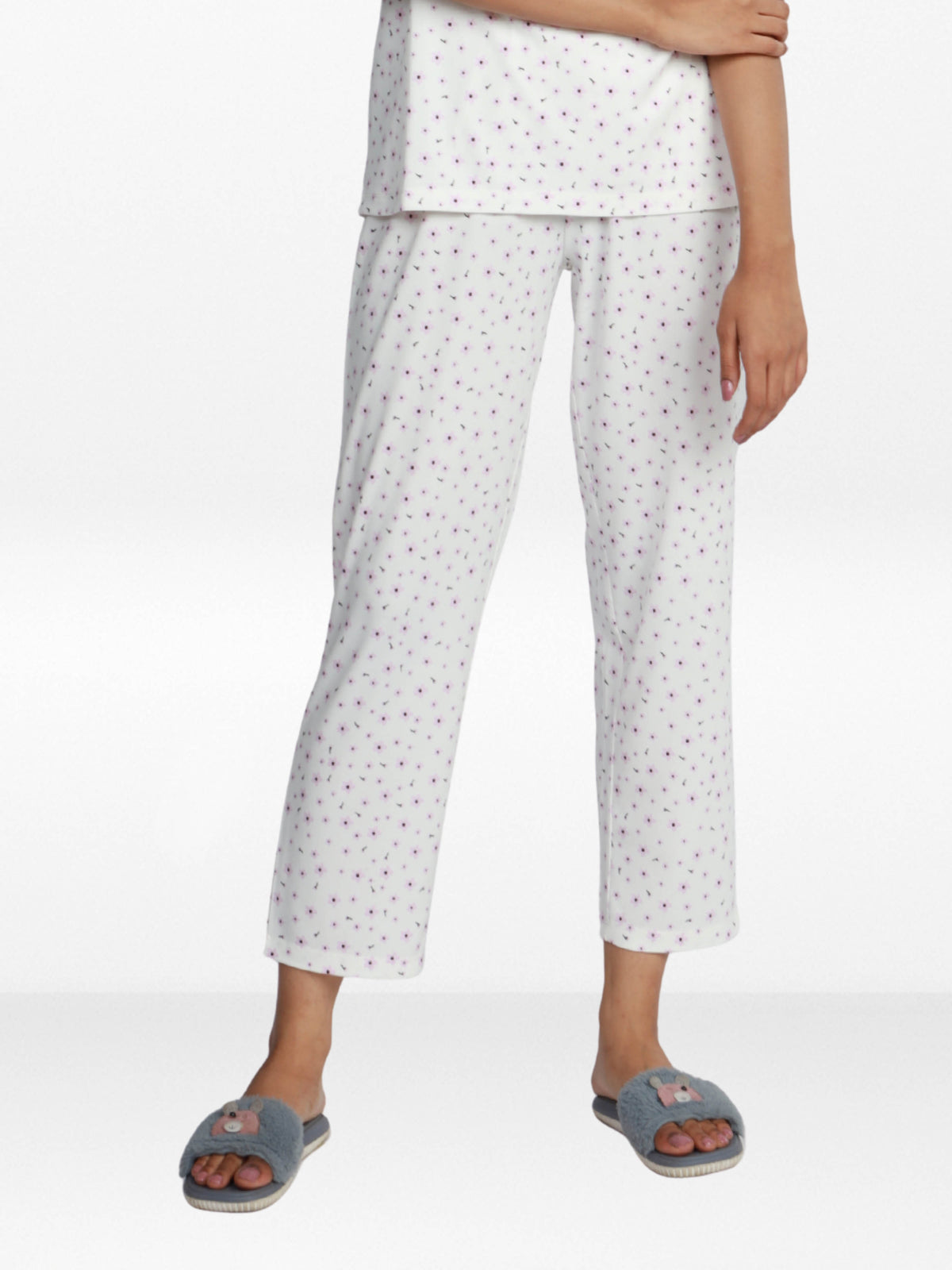 Women’s All Over Printed Lounge Pants | Soft Stretch Yummy Rib Fabric | Drawstring Waist Casual Sleepwear & Pajama Trousers - White