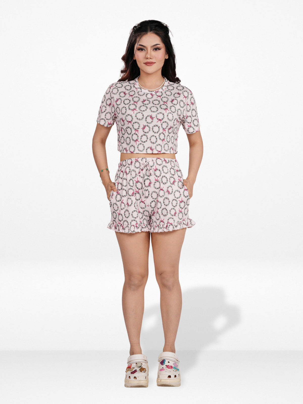 Women’s All Over Printed Crop Top Set – Crew Neck Half Sleeve Tee & Matching Bottom | Trendy Casual Two-Piece Wear