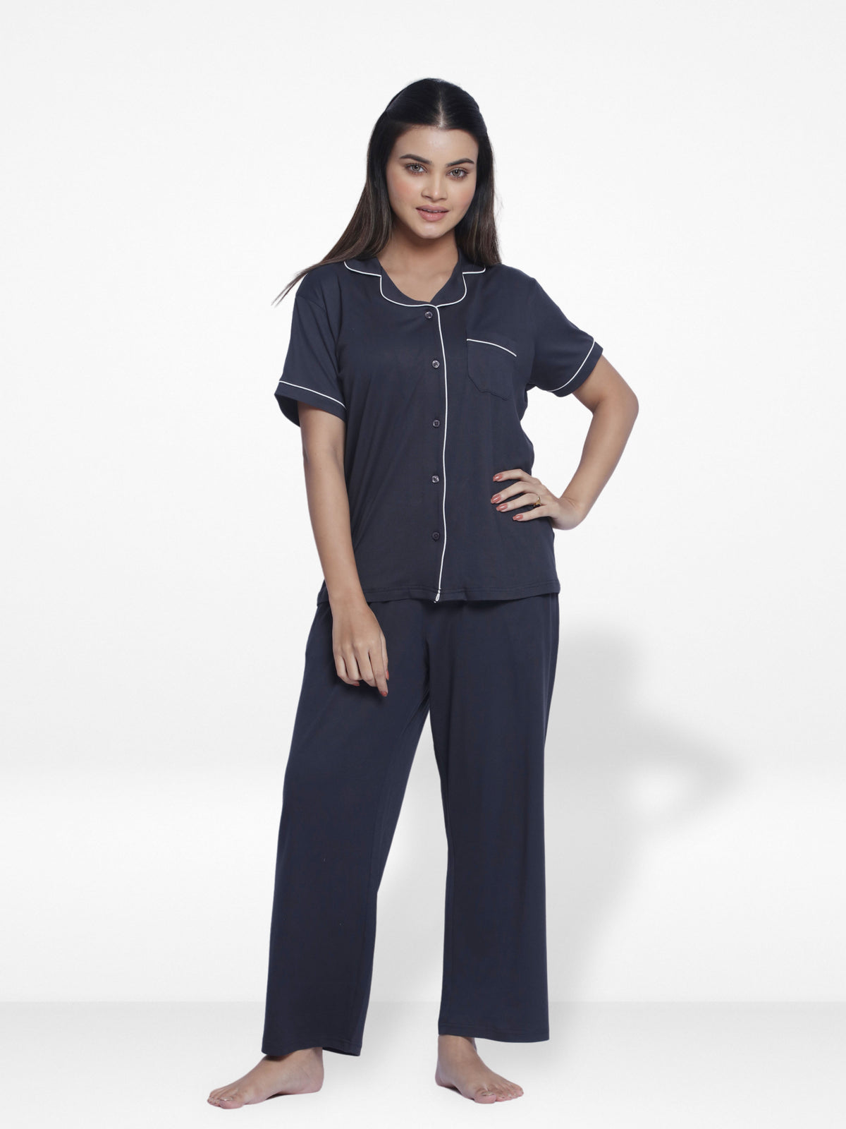 Women Solid Sleepwear Short Sleeve Pyjama Set