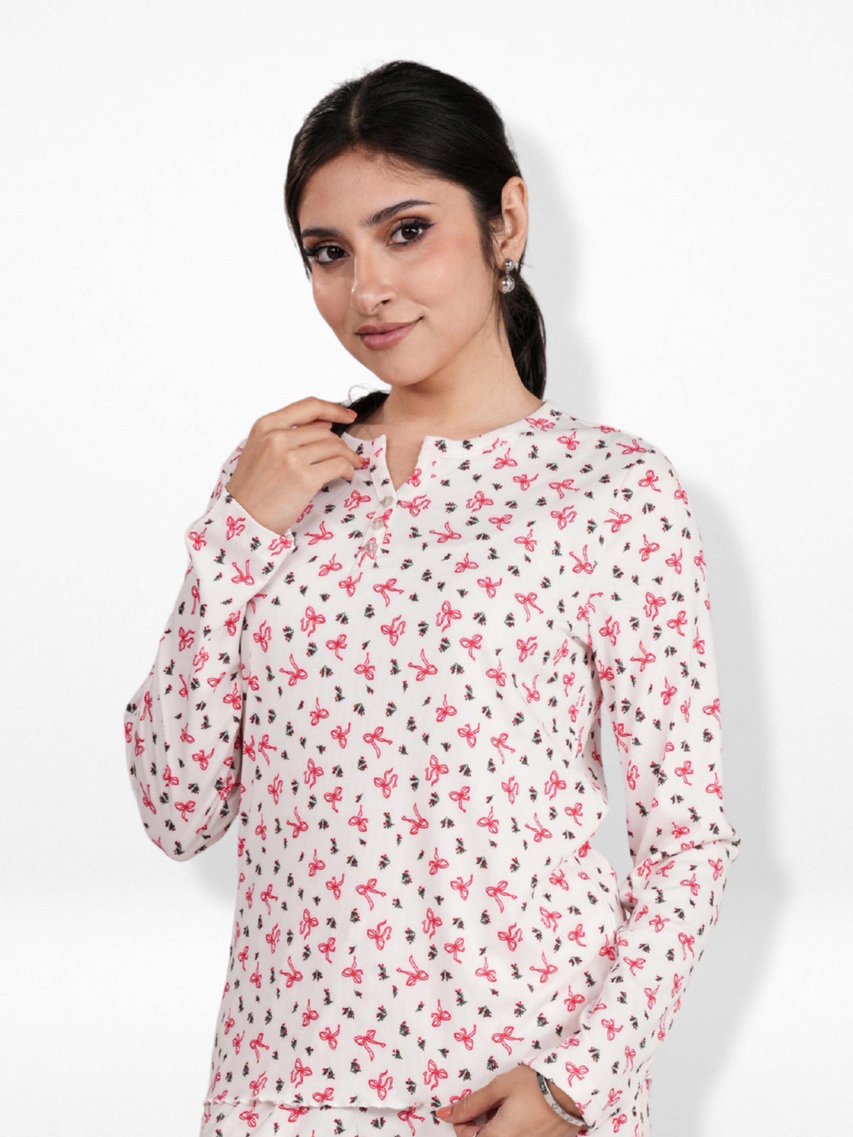 Women's Henley Long Sleeve Printed Top – Soft &amp; Stretchy Rib Knit Casual T-Shirt