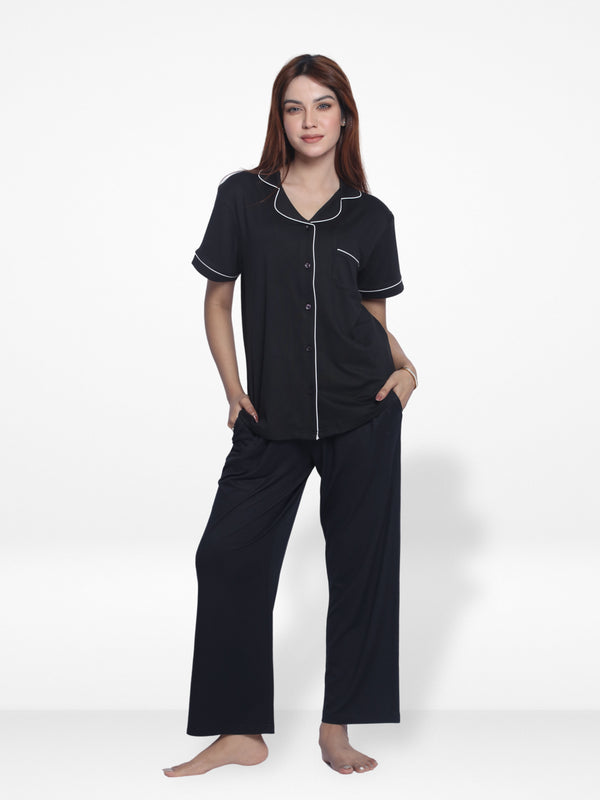 Women Solid Sleepwear Short Sleeve Pyjama Set