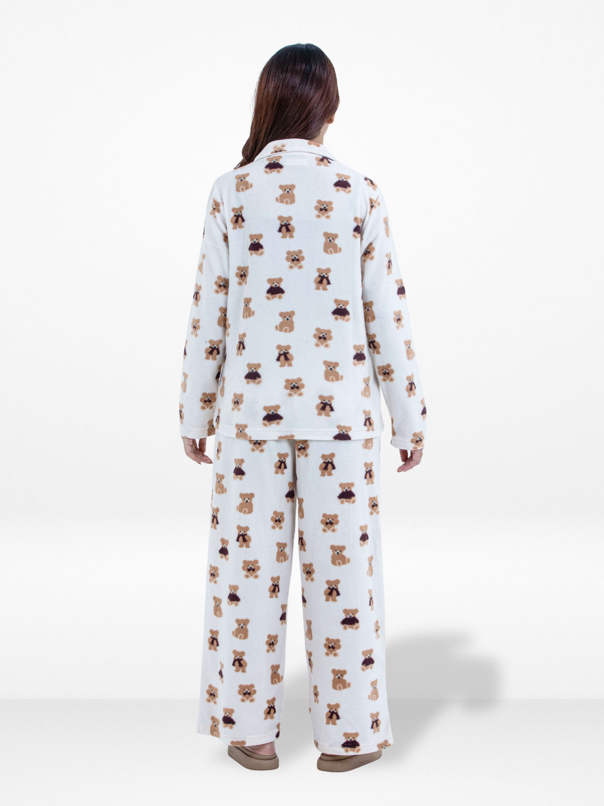 Women’s Teddy Bear Printed Pyjama Set – Micro Polar Fleece Long Sleeve Sleepwear Notch-Collar, Soft & Cozy 2-Piece Winter Nightwear