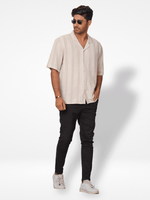 Men's Half-Sleeve Relaxed-Fit Casual Cuban Collar Shirt Beige Stripes