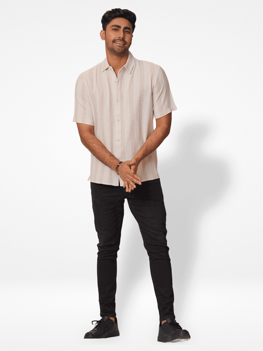 Men's Relaxed-Fit Half-Sleeve Casual Shirt Beige Stripes
