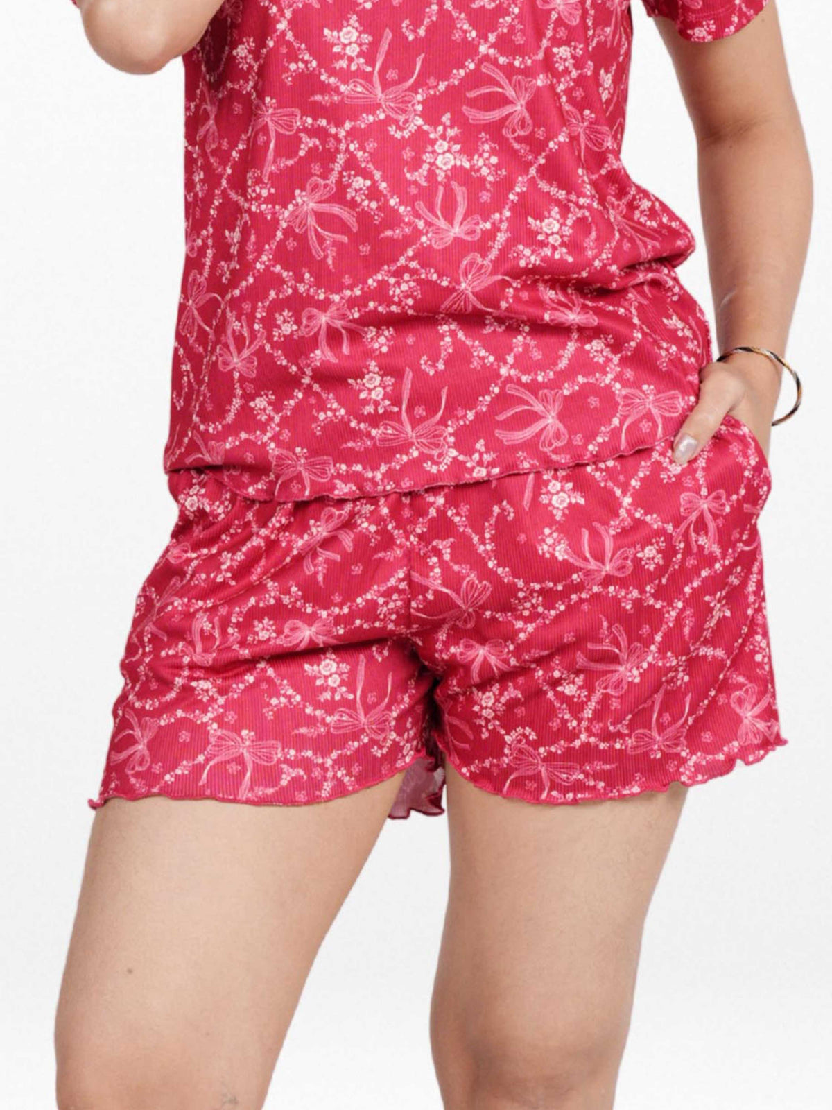 Women’s Pajama Shorts | Printed Sleepwear Shorts | Soft Stretch Yummy Rib Fabric | Elastic Waist Lounge Shorts for Women - Crimson
